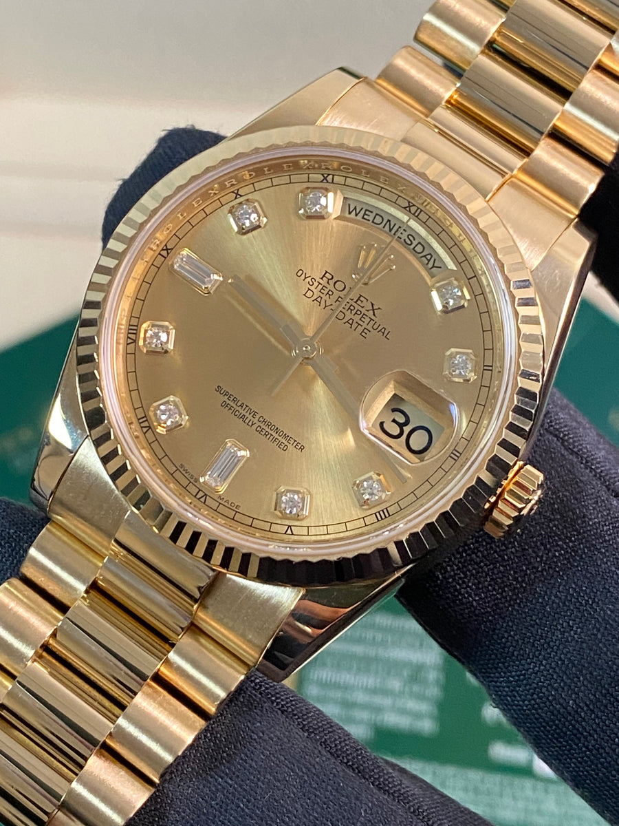 Rolex Yellow Gold Day-Date 36 - 2010 - Fluted Bezel - Factory Diamond Dial - President Bracelet - 118238 *FULL SET*