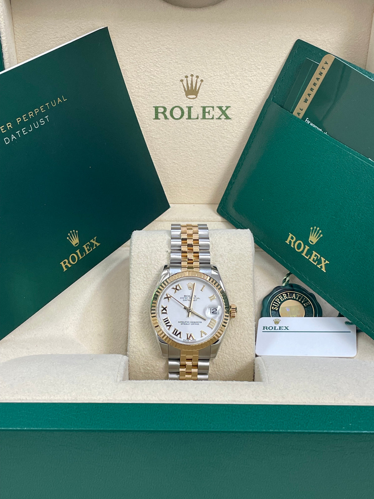 Rolex Steel and Yellow Gold Datejust 31 Watch - Fluted Bezel - White Roman Dial - Jubilee Bracelet - 178273 wrj