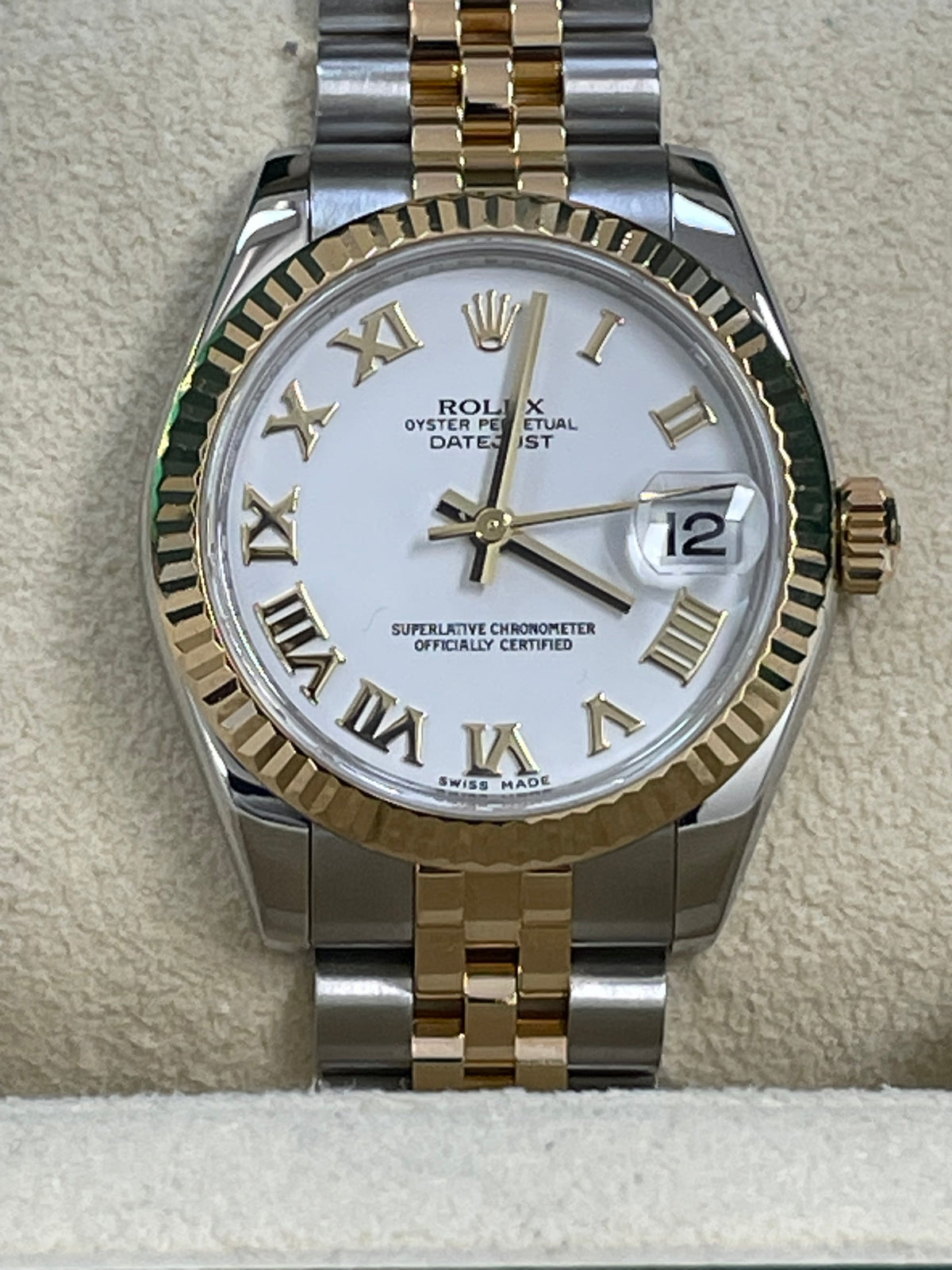 Rolex Steel and Yellow Gold Datejust 31 Watch - Fluted Bezel - White Roman Dial - Jubilee Bracelet - 178273 wrj