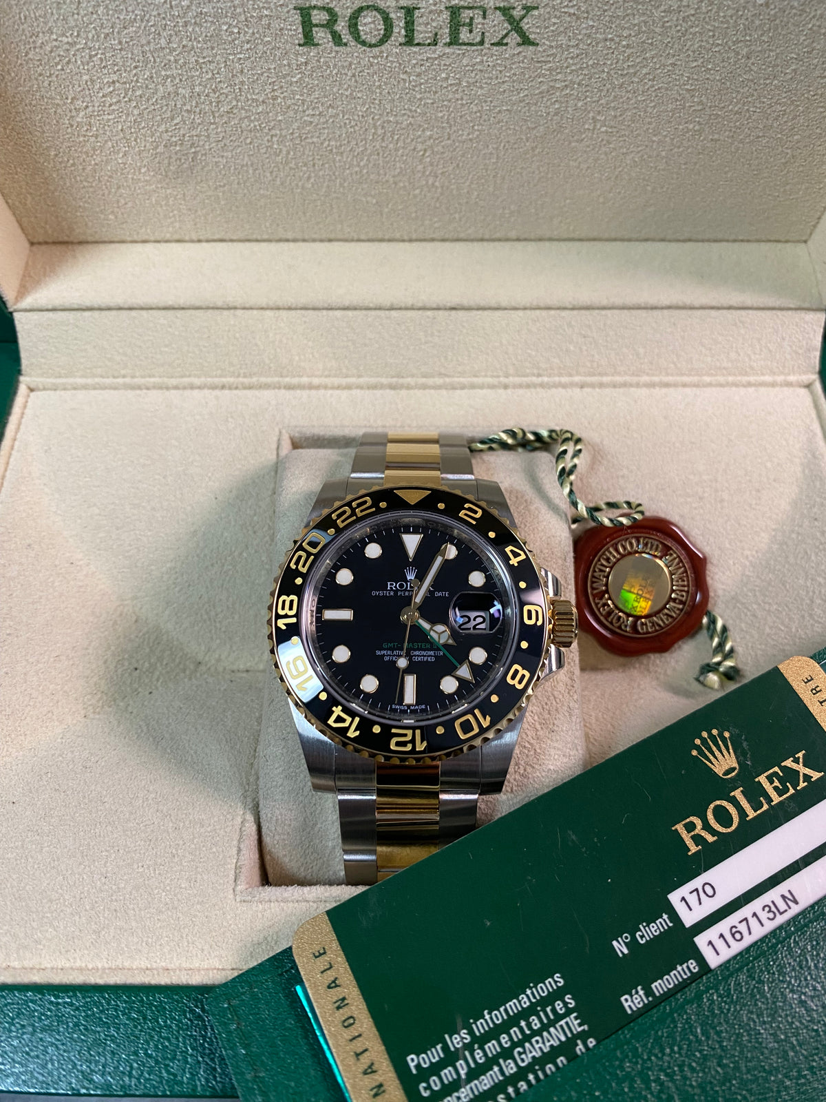 Rolex Steel and Yellow Gold GMT-Master II - V serial - Black Bezel - Black Dial - Oyster Bracelet - 116713LN *FULL SET*