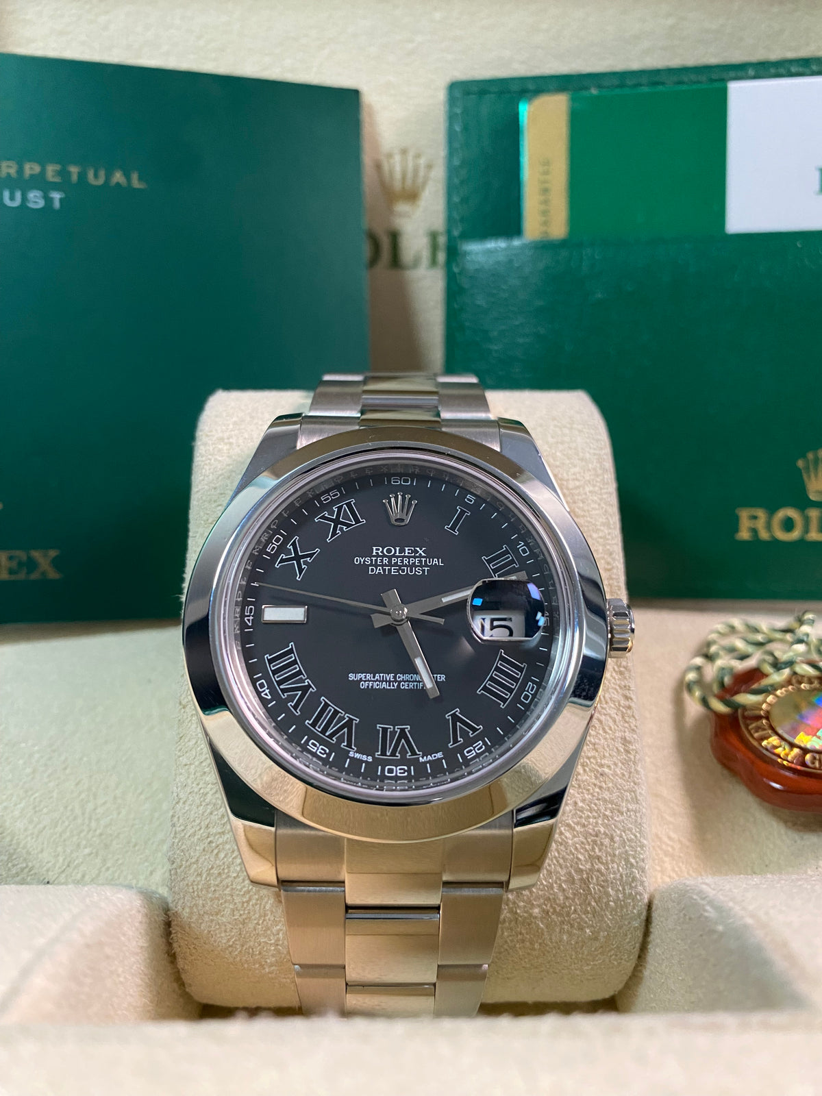 Rolex Steel Datejust II - 2018 - Smooth Bezel - Black Roman Dial - Oyster Bracelet - 116300 *FULL SET*