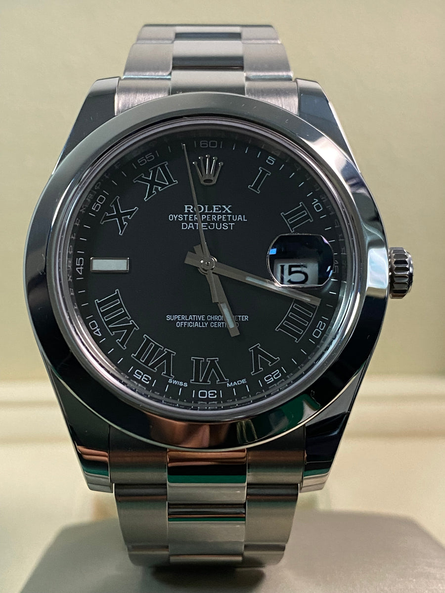 Rolex Steel Datejust II - 2018 - Smooth Bezel - Black Roman Dial - Oyster Bracelet - 116300 *FULL SET*