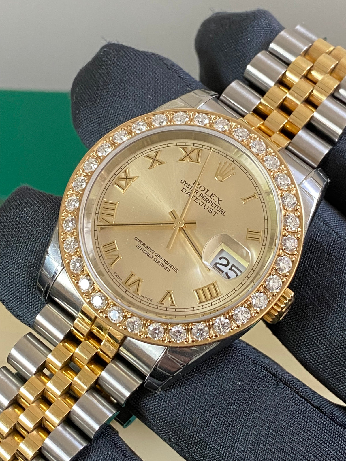 Rolex Steel and Yellow Gold Datejust 36 - D serial - Custom Diamond Bezel - Silver Roman Dial - Jubilee Bracelet - 116233