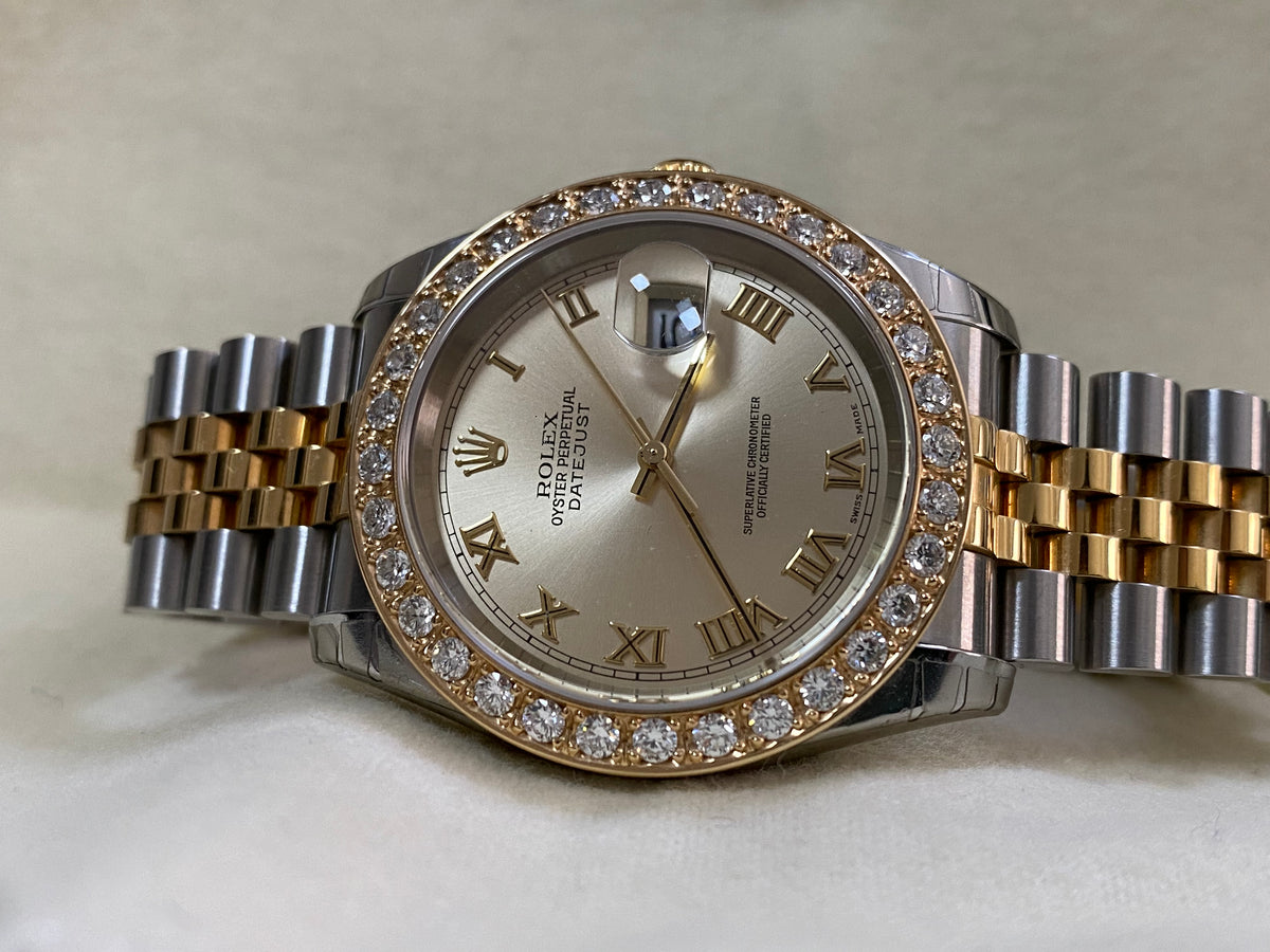 Rolex Steel and Yellow Gold Datejust 36 - D serial - Custom Diamond Bezel - Silver Roman Dial - Jubilee Bracelet - 116233