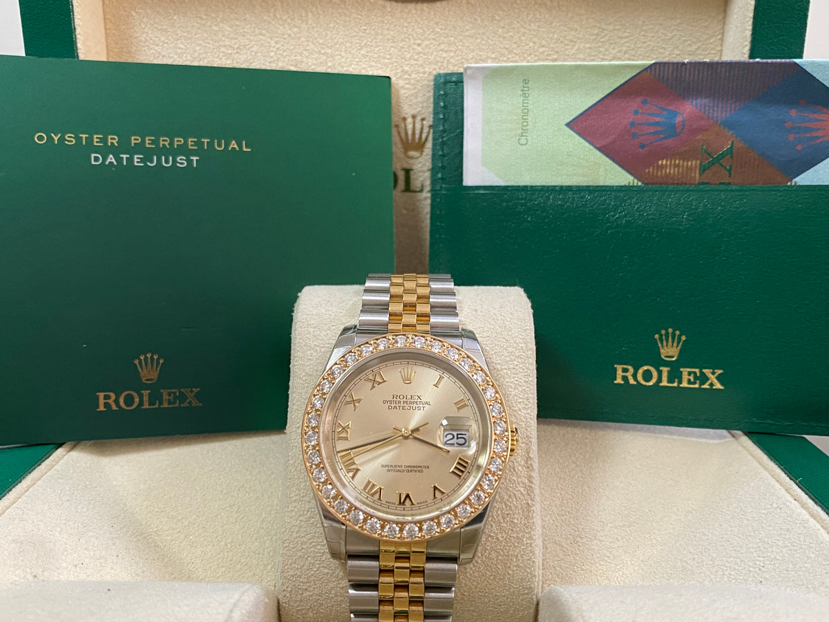 Rolex Steel and Yellow Gold Datejust 36 - D serial - Custom Diamond Bezel - Silver Roman Dial - Jubilee Bracelet - 116233