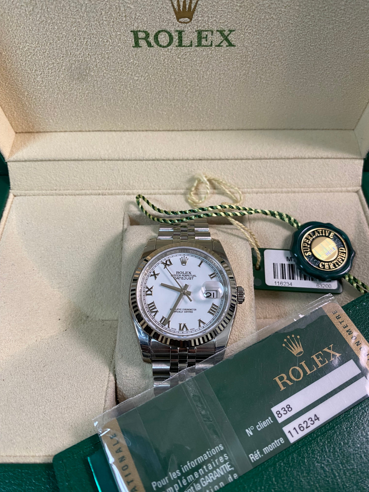 Rolex Steel Datejust 36 - 2008 - Fluted Bezel - White Roman Dial - Jubilee Bracelet - 116234 *FULL STICKERS*