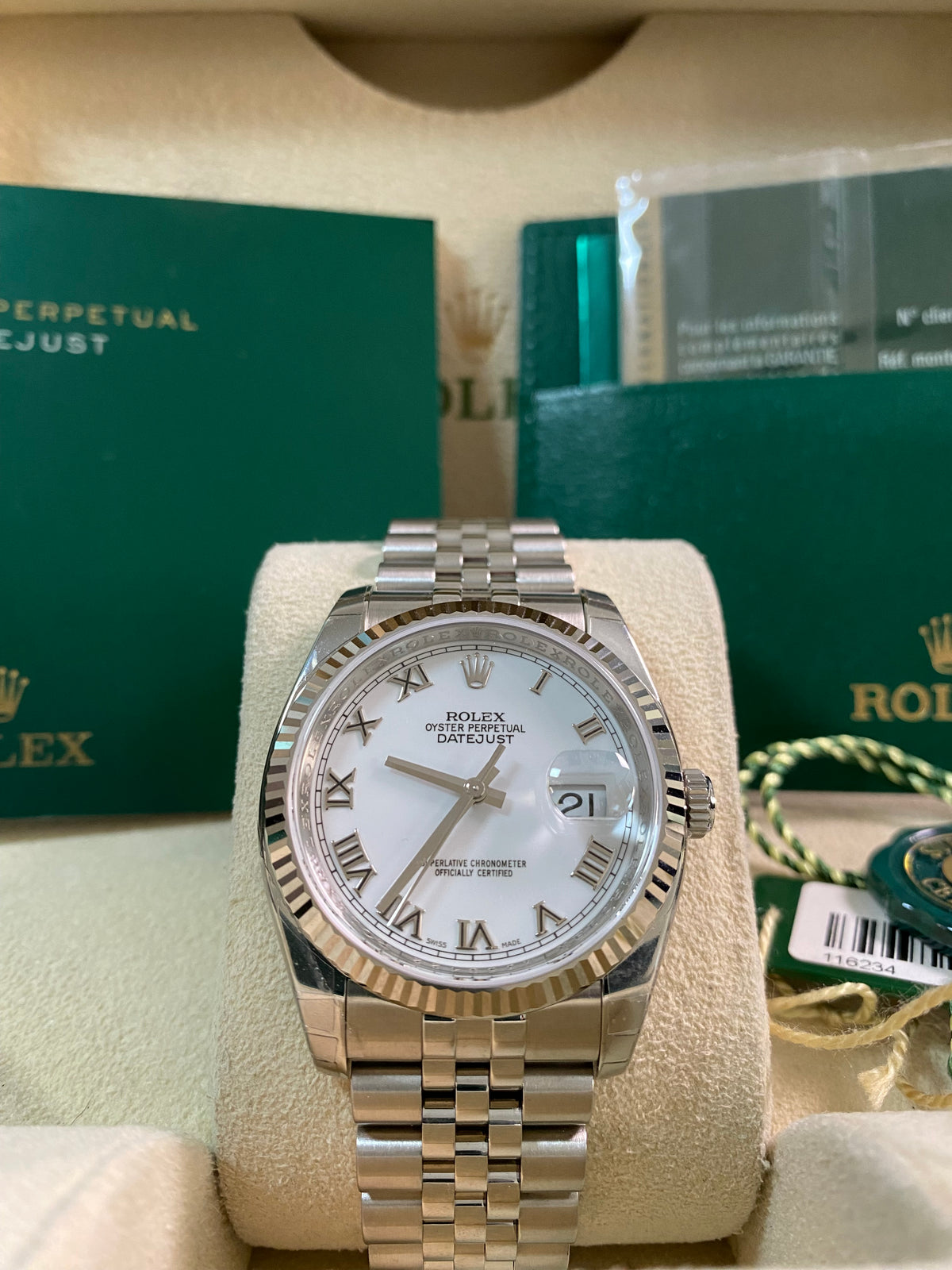 Rolex Steel Datejust 36 - 2008 - Fluted Bezel - White Roman Dial - Jubilee Bracelet - 116234 *FULL STICKERS*