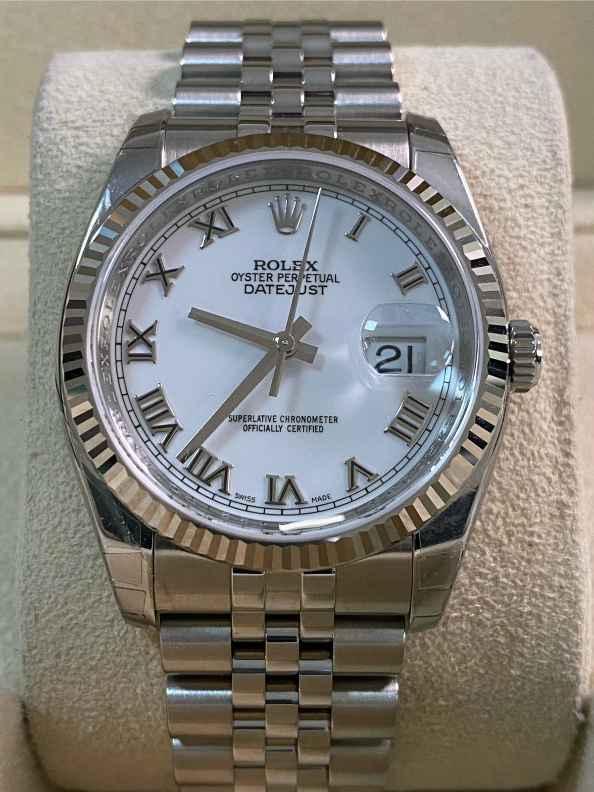 Rolex Steel Datejust 36 - 2008 - Fluted Bezel - White Roman Dial - Jubilee Bracelet - 116234 *FULL STICKERS*