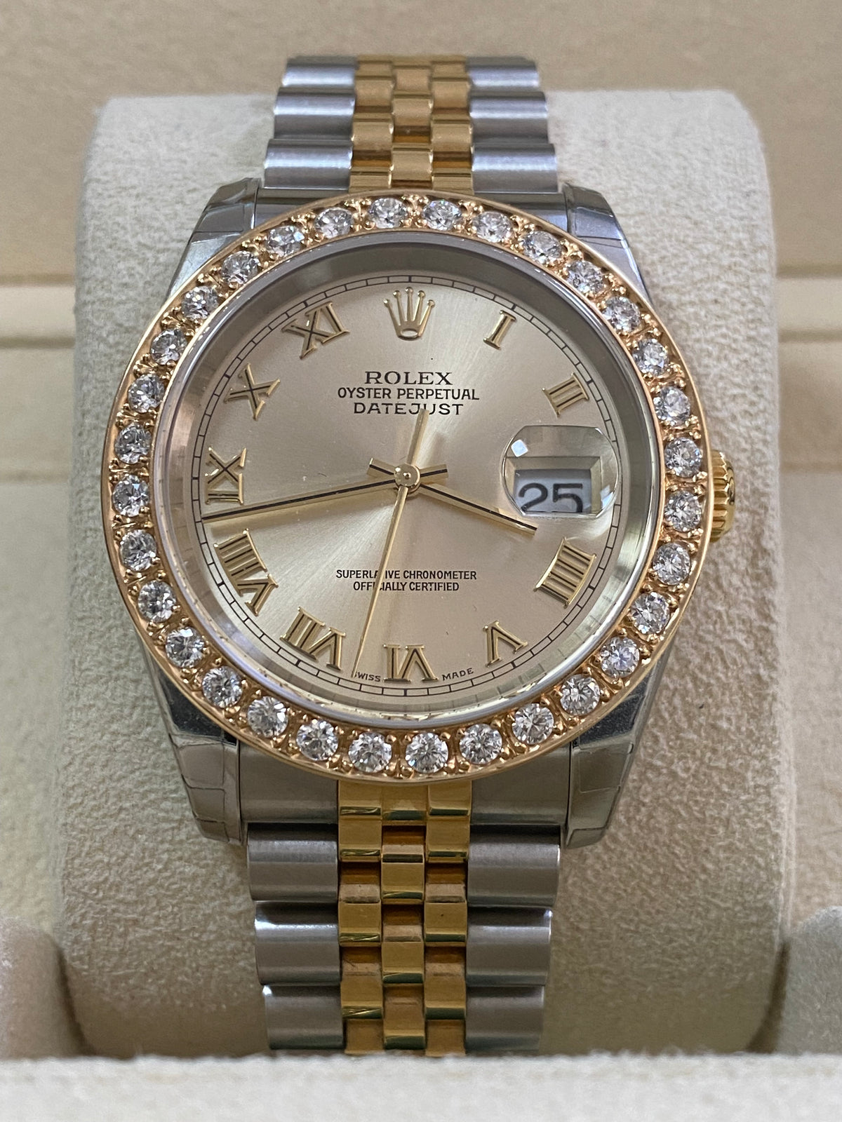 Rolex Steel and Yellow Gold Datejust 36 - D serial - Custom Diamond Bezel - Silver Roman Dial - Jubilee Bracelet - 116233