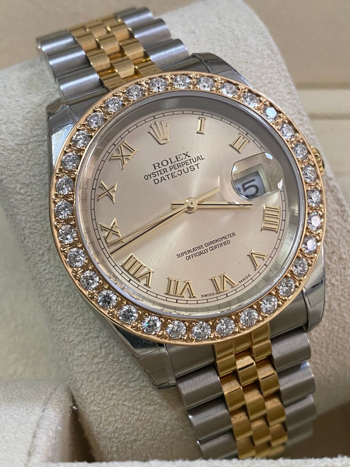 Rolex Steel and Yellow Gold Datejust 36 - D serial - Custom Diamond Bezel - Silver Roman Dial - Jubilee Bracelet - 116233