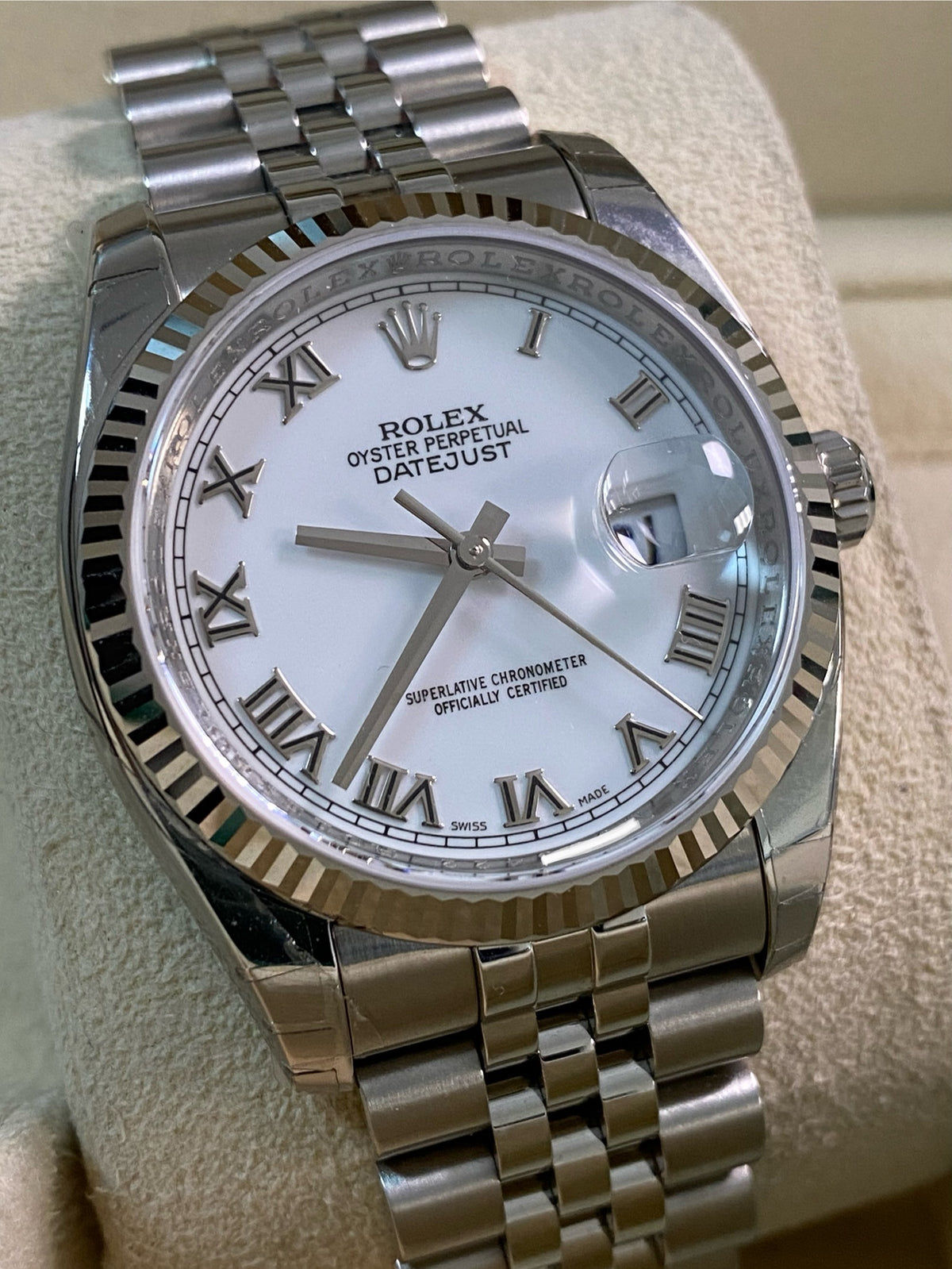 Rolex Steel Datejust 36 - 2008 - Fluted Bezel - White Roman Dial - Jubilee Bracelet - 116234 *FULL STICKERS*