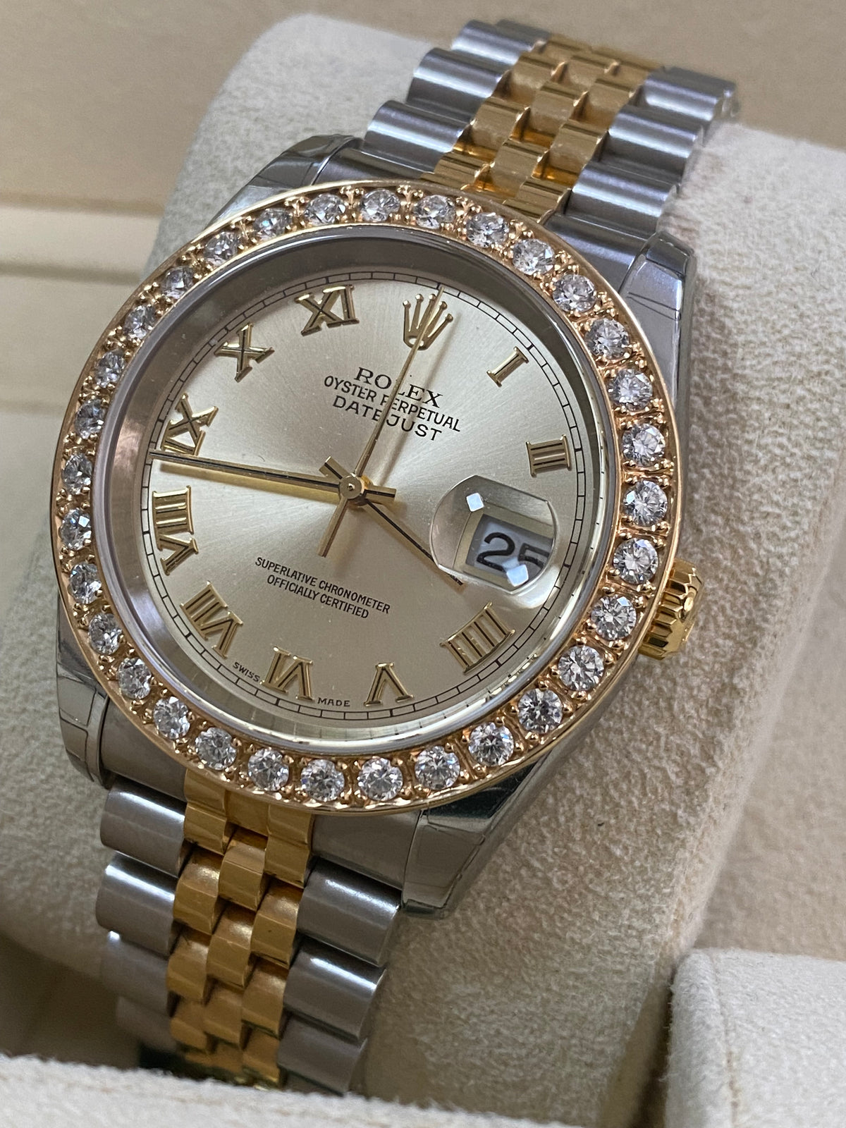 Rolex Steel and Yellow Gold Datejust 36 - D serial - Custom Diamond Bezel - Silver Roman Dial - Jubilee Bracelet - 116233