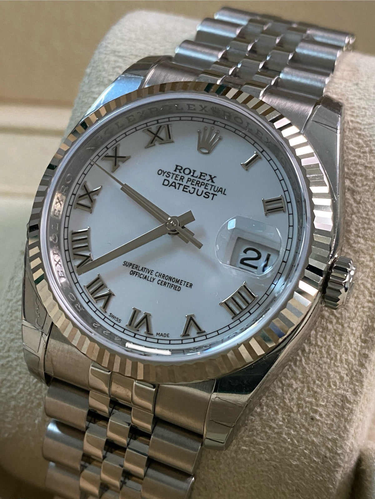 Rolex Steel Datejust 36 - 2008 - Fluted Bezel - White Roman Dial - Jubilee Bracelet - 116234 *FULL STICKERS*