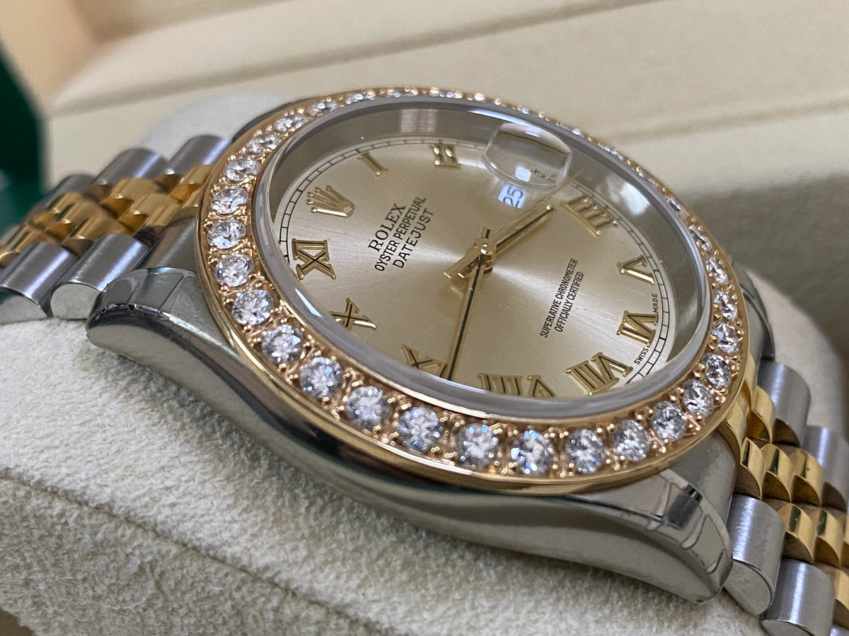 Rolex Steel and Yellow Gold Datejust 36 - D serial - Custom Diamond Bezel - Silver Roman Dial - Jubilee Bracelet - 116233