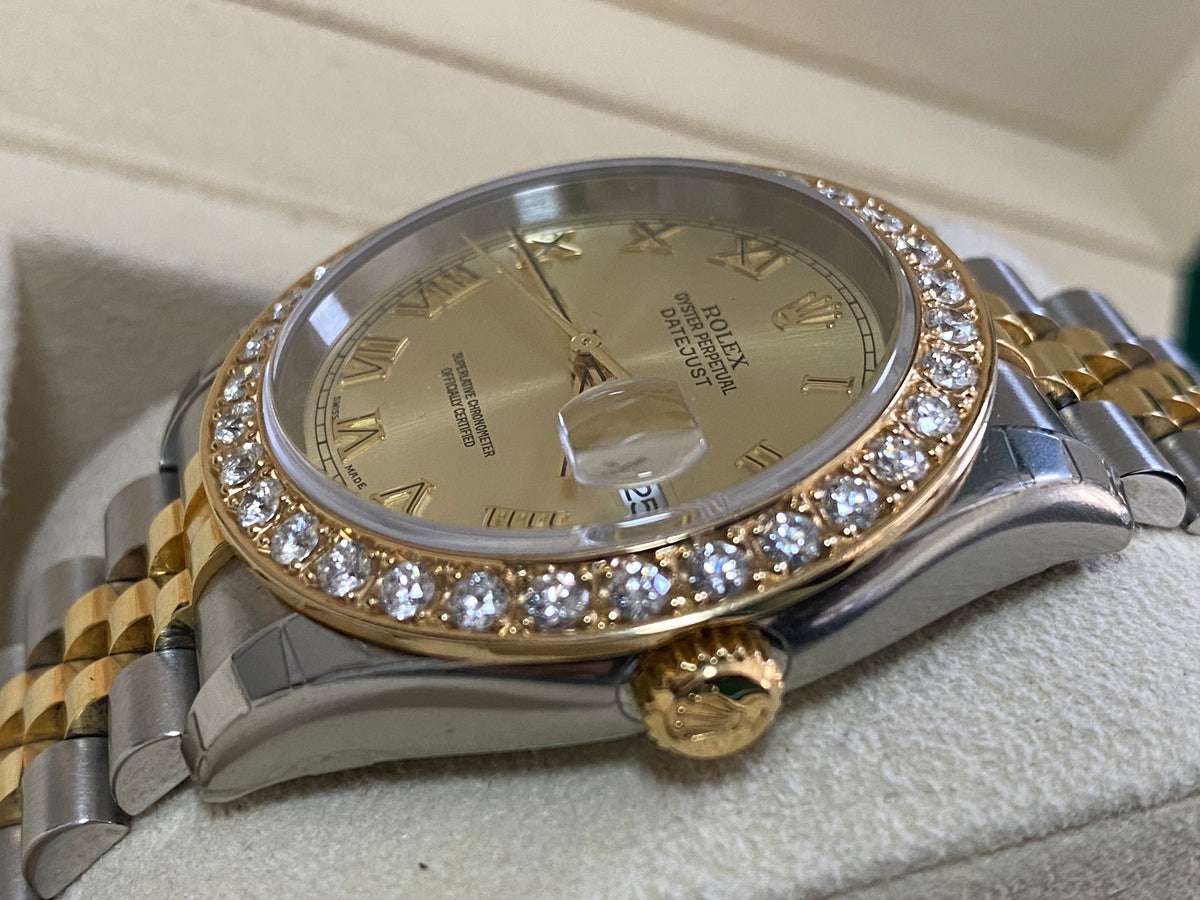 Rolex Steel and Yellow Gold Datejust 36 - D serial - Custom Diamond Bezel - Silver Roman Dial - Jubilee Bracelet - 116233