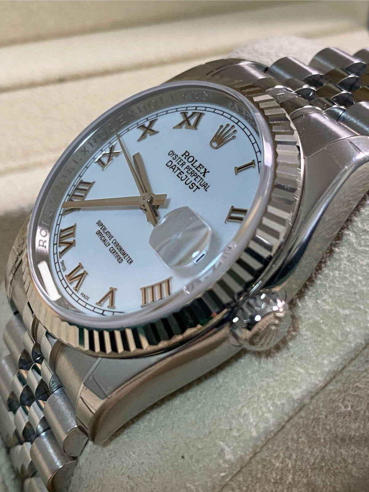 Rolex Steel Datejust 36 - 2008 - Fluted Bezel - White Roman Dial - Jubilee Bracelet - 116234 *FULL STICKERS*