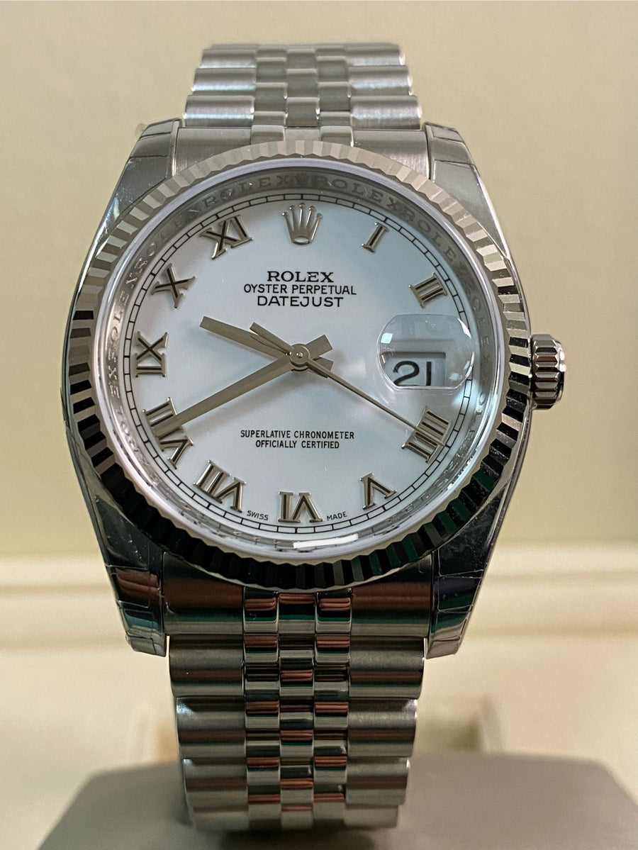 Rolex Steel Datejust 36 - 2008 - Fluted Bezel - White Roman Dial - Jubilee Bracelet - 116234 *FULL STICKERS*