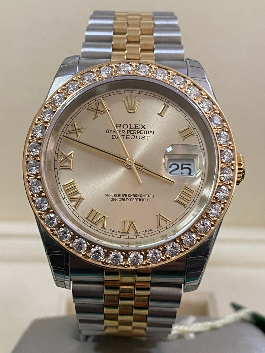 Rolex Steel and Yellow Gold Datejust 36 - D serial - Custom Diamond Bezel - Silver Roman Dial - Jubilee Bracelet - 116233