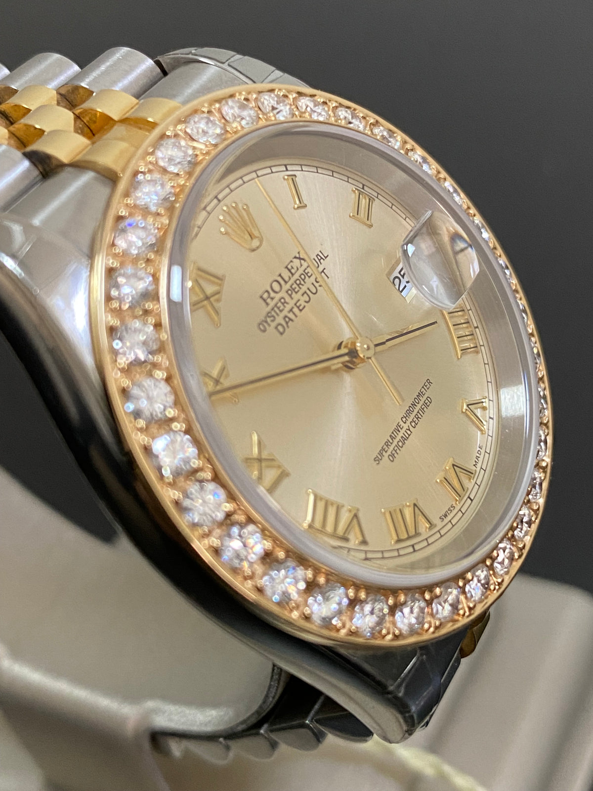 Rolex Steel and Yellow Gold Datejust 36 - D serial - Custom Diamond Bezel - Silver Roman Dial - Jubilee Bracelet - 116233