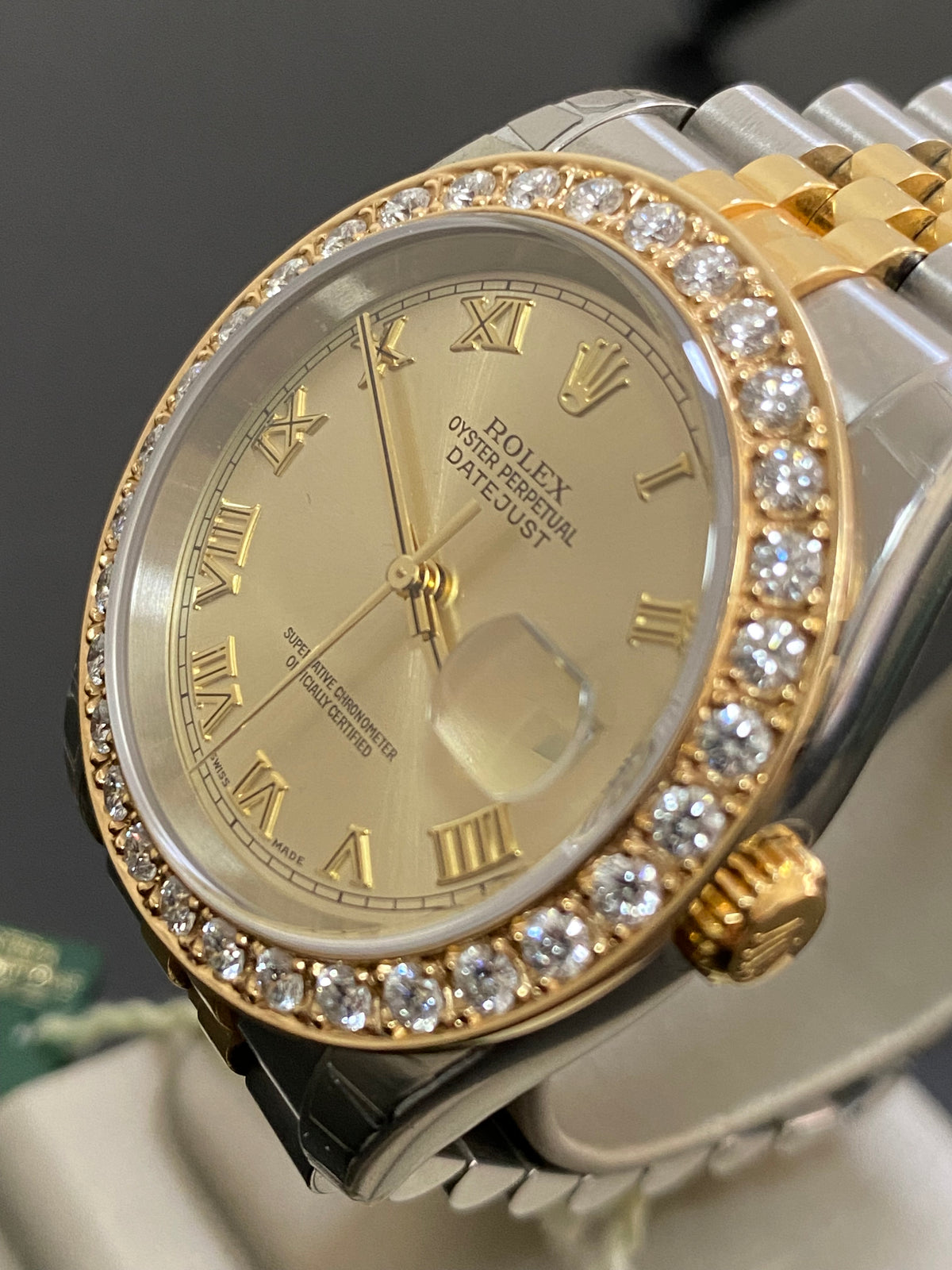 Rolex Steel and Yellow Gold Datejust 36 - D serial - Custom Diamond Bezel - Silver Roman Dial - Jubilee Bracelet - 116233