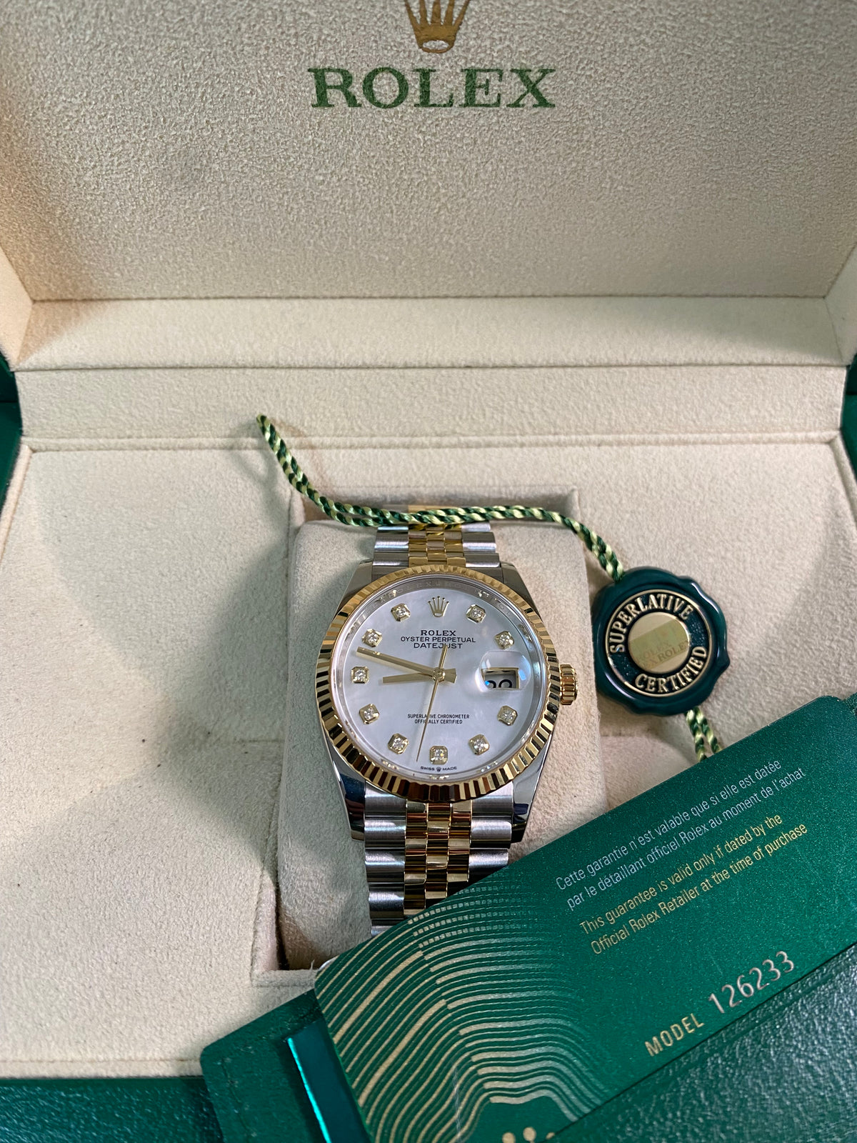 Rolex Yellow Gold Rolesor Datejust 36 - 2022 - Mother-Of-Pearl Diamond Dial - Jubilee Bracelet - 126233 *FULL SET*