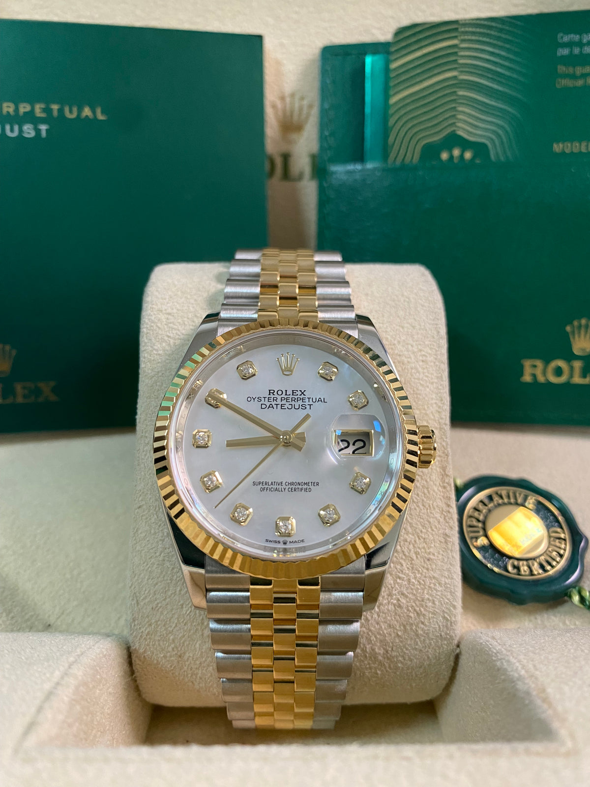 Rolex Yellow Gold Rolesor Datejust 36 - 2022 - Mother-Of-Pearl Diamond Dial - Jubilee Bracelet - 126233 *FULL SET*