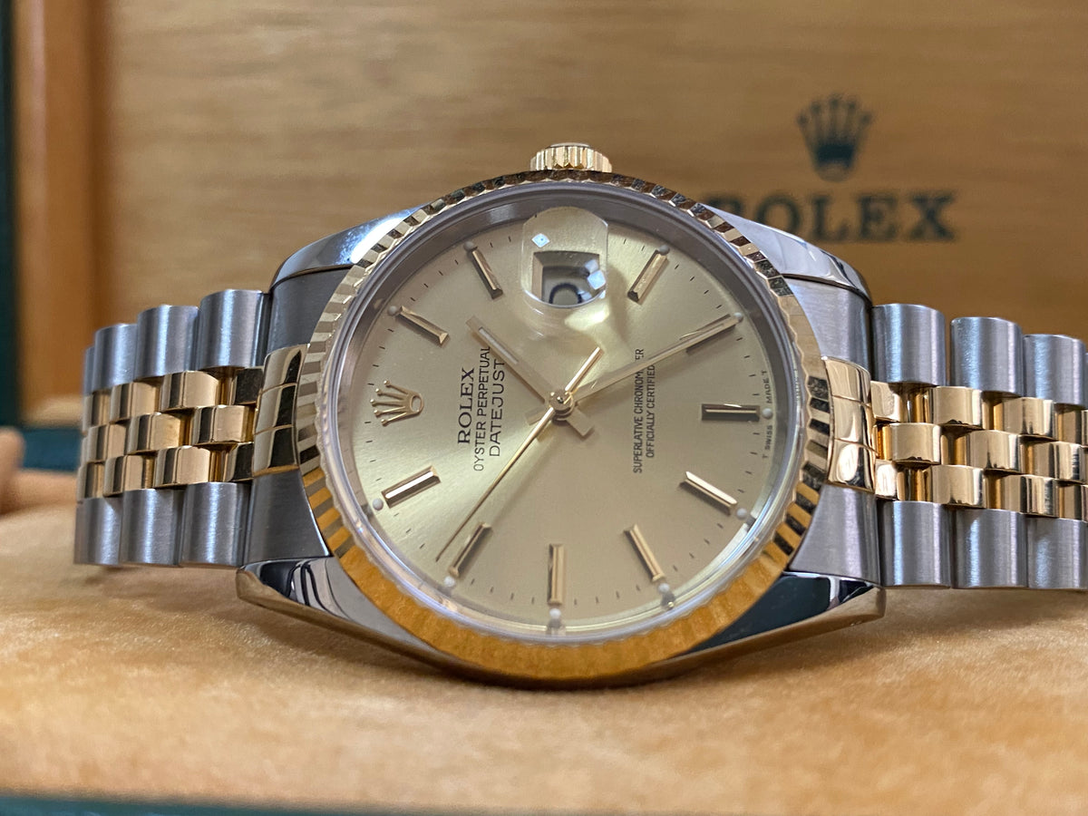 Rolex Steel and Yellow Gold Datejust 36 - X serial - Fluted Bezel - Champagne Index Dial - Jubilee Bracelet - 16233