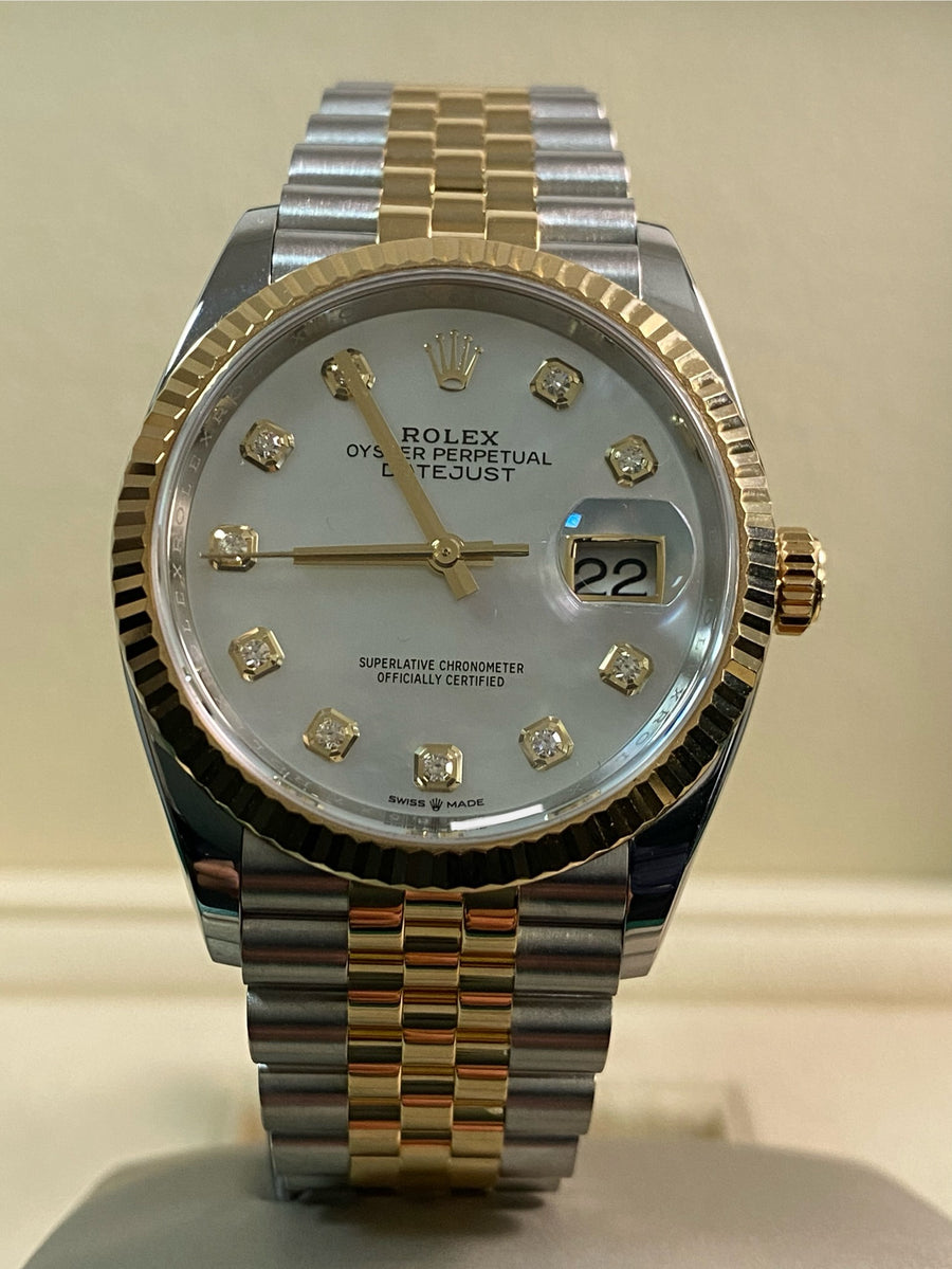 Rolex Yellow Gold Rolesor Datejust 36 - 2022 - Mother-Of-Pearl Diamond Dial - Jubilee Bracelet - 126233 *FULL SET*