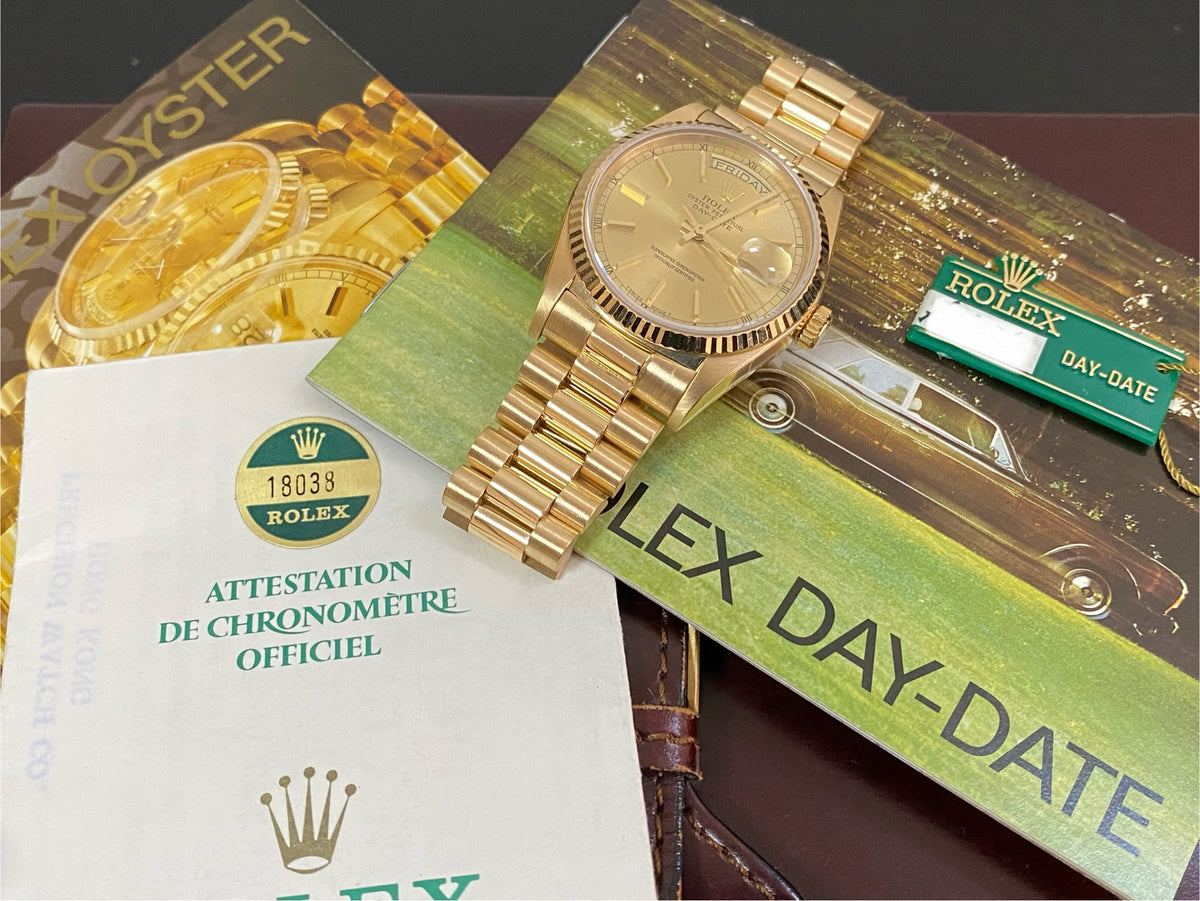 Rolex Yellow Gold Day-Date 36 - 1986 - Fluted Bezel - Champagne Index Dial - President Bracelet - 18038 *COMPLETE SET*