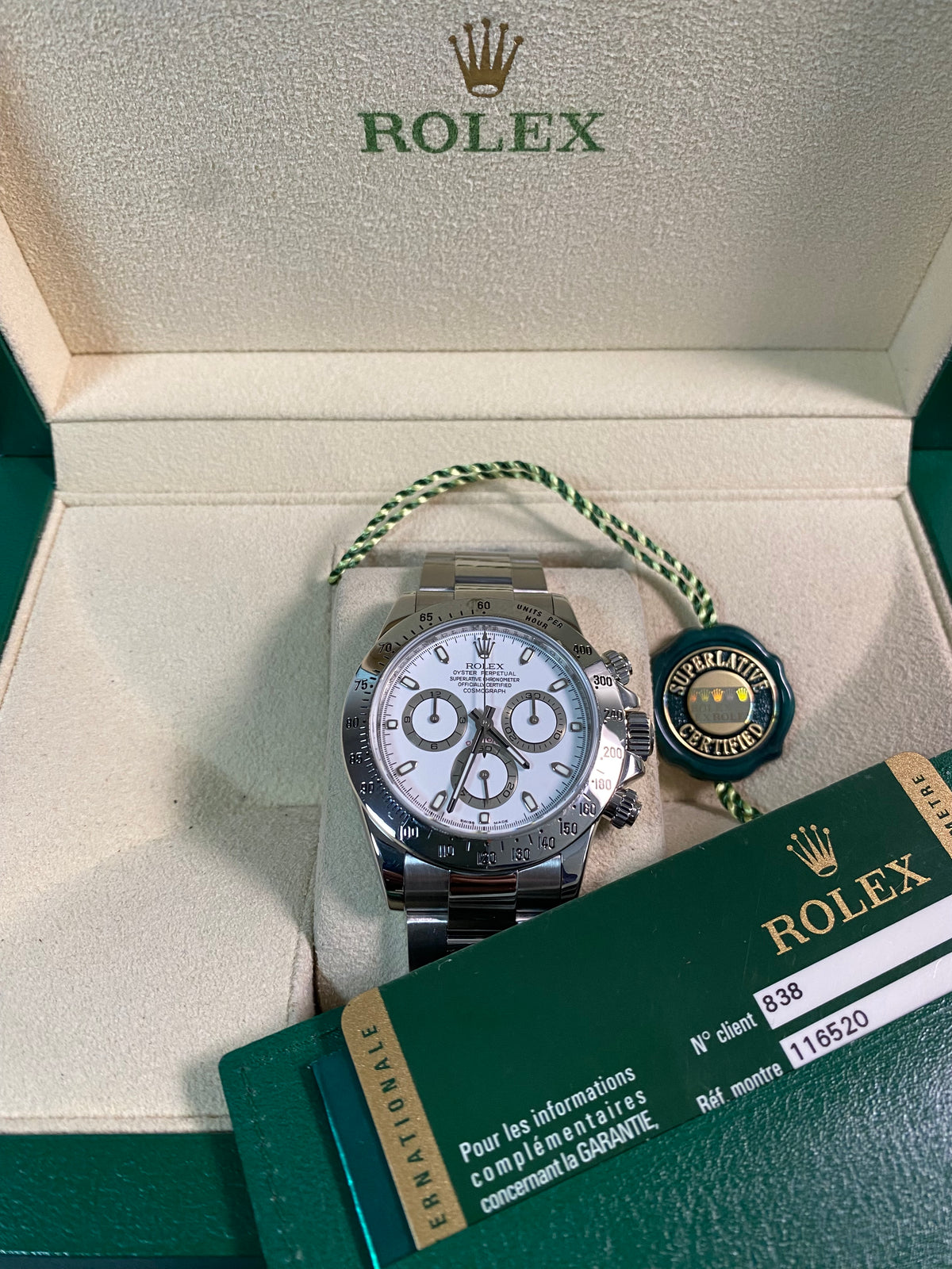 Rolex Steel Cosmograph Daytona - M serial - White Index Dial - Fat Buckle - 116520 *FULL SET*