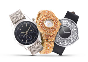 Luxury watches isolated on white background. With clipping path. Gold watch. Women and man watches. Female and male watches.