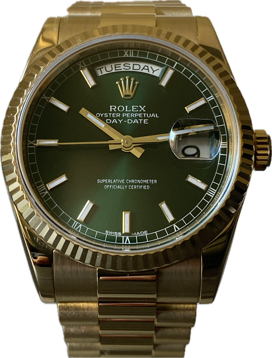 Rolex Yellow Gold Day-Date 36 - Fluted Bezel - Green Index Dial - President Bracelet - 118238