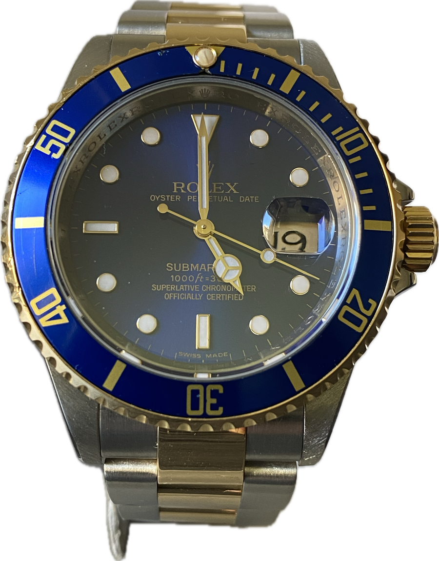 Rolex Steel and Gold Submariner Date - M Serial - Blue Dial - Pre Ceramic Blue Bezel - 16613