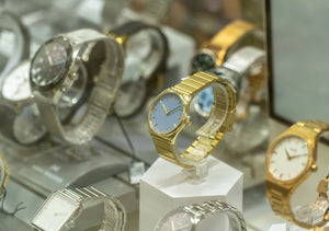 Set of high-end watches in a store window