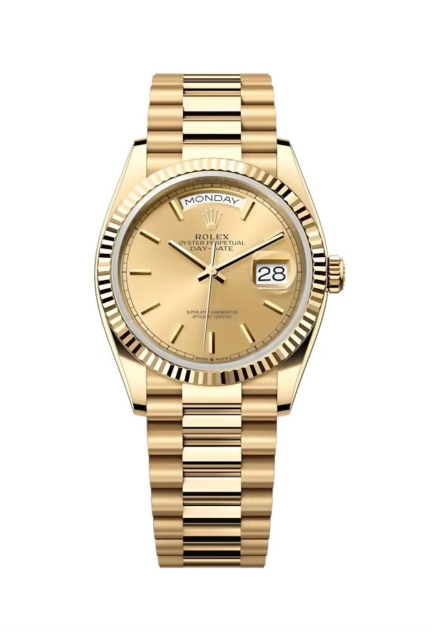 Rolex Yellow Gold Day-Date 36 - Fluted Bezel - Champagne Index Dial - President Bracelet - 118238