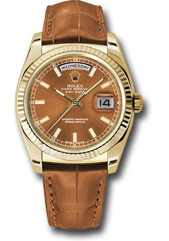 Rolex Yellow Gold Day-Date 36 Watch - Fluted Bezel - Cognac Index Dial - Cognac Leather - 118138 col