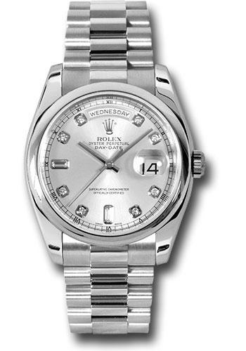 Rolex Platinum Day-Date 36 Watch - Domed Bezel - Silver Diamond Dial - President Bracelet - 118206 sdp