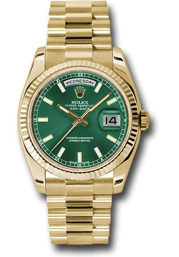 Rolex Yellow Gold Day-Date 36 - Fluted Bezel - Green Index Dial - President Bracelet - 118238