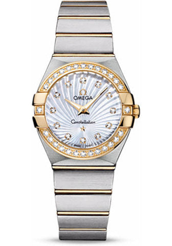 Omega Ladies Constellation Quartz Watch - 27 mm Brushed Steel And Yellow Gold Case - Diamond Bezel - Mother-Of-Pearl Diamond Dial - 123.25.27.60.55.004