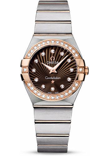 Omega Ladies Constellation Quartz Watch - 27 mm Brushed Steel And Red Gold Case - Diamond Bezel - Brown Diamond Dial - 123.25.27.60.63.001