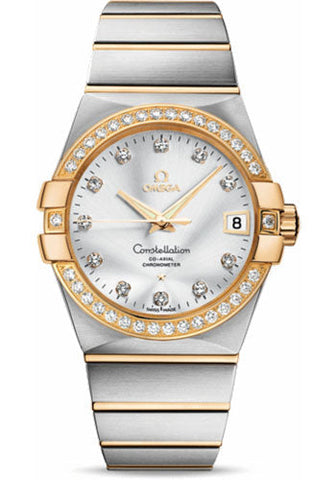 Omega Gents Constellation Chronometer Watch - 38 mm Brushed Steel And Yellow Gold Case - Diamond Bezel - Silver Diamond Dial - 123.25.38.21.52.002