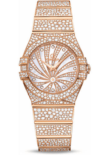 Omega Ladies Constellation Luxury Edition Watch - 27 mm Red Gold Case - Snow-Set Diamond Bezel - Mother-Of-Pearl Diamond Dial - 123.55.27.60.55.009