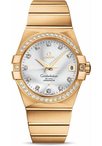 Omega Gents Constellation Chronometer Watch - 38 mm Brushed Yellow Gold Case - Diamond Bezel - Silver Diamond Dial - 123.55.38.21.52.002