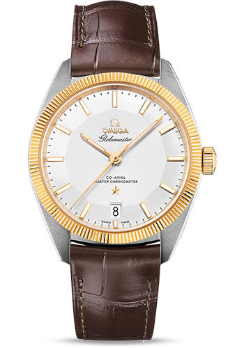 Omega Constellation Globemaster Co-Axial Master Chronometer Watch - 39 mm Steel And Yellow Gold Case - Yellow Gold Fluted Bezel - Silvery Dial - Brown Leather Strap - 130.23.39.21.02.001