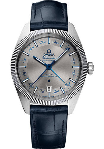 Omega Constellation Globemaster Co-Axial Master Chronometer Annual Calendar Watch - 41 mm Steel Case - Fluted Bezel - Grey Dial - Blue Leather Strap - 130.33.41.22.06.001