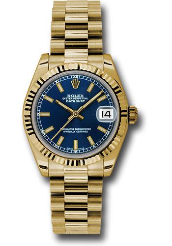 Rolex Yellow Gold Datejust 31 Watch - Fluted Bezel - Blue Index Dial - President Bracelet - 178278 blip