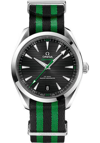 Omega Aqua Terra 150M Co-Axial Master Chronometer Golf Edition Watch - 41 mm Steel Case - Black Dial - Black And Green Striped Nato Strap - 220.12.41.21.01.002