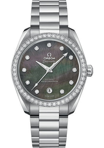 Omega Seamaster Aqua Terra 150M Co-Axial Master Chronometer Ladies Watch - 38 mm Steel Case - Diamond-Set Bezel - Tahiti Mother-Of-Pearl Diamond Dial - 220.15.38.20.57.001