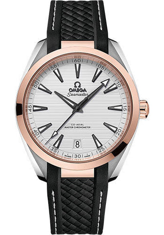 Omega Aqua Terra 150M Co-Axial Master Chronometer Watch - 41 mm Steel And Sedna Gold Case - Silvery Dial - Black Structured Rubber Strap - 220.22.41.21.02.001