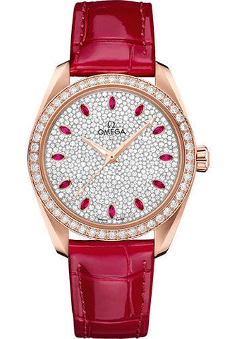 Omega Seamaster Aqua Terra 150M Co-Axial Master Chronometer Ladies' Watch - 38 mm Sedna Gold Case - Fully Paved Diamond Dial - Glossy Red Leather Strap - 220.58.38.20.99.001